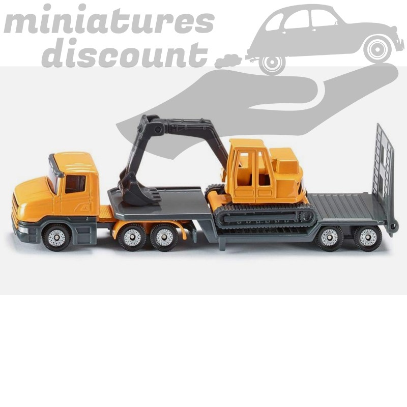 MINIATURE SIKU CAMION SEMI-REMORQUE SURBAISSÉ AVEC EXCAVATRICE HO AVEC BOÎTE (JAUNE) - 1/87ème sous blister