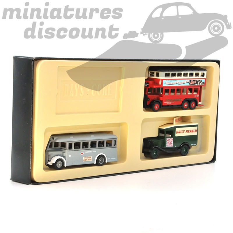Coffret 3 Miniatures 50e anniversaire du 8 Mai 1945 -  1 Bus à étage, 1 Bus Militaire, 1 Camionnette - DAYS GONE 3 inches 1/64