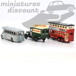 Coffret 3 Miniatures 50e anniversaire du 8 Mai 1945 -  1 Bus à étage, 1 Bus Militaire, 1 Camionnette - DAYS GONE 3 inches 1/64