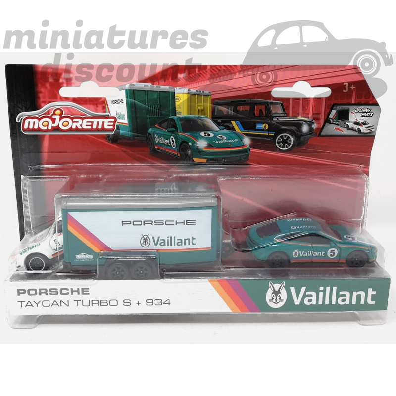 PACK PORSCHE 2 VOITURES + REMORQUE "TAYCAN TURBO S + 934" (VERT) - MAJORETTE - 3 inches sous blister
