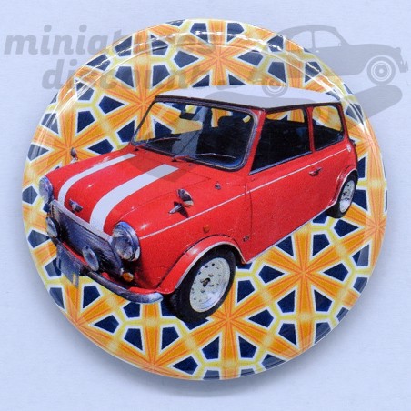 Mini Cooper Rouge (Fond jaune) - Magnet Déco/Vintage